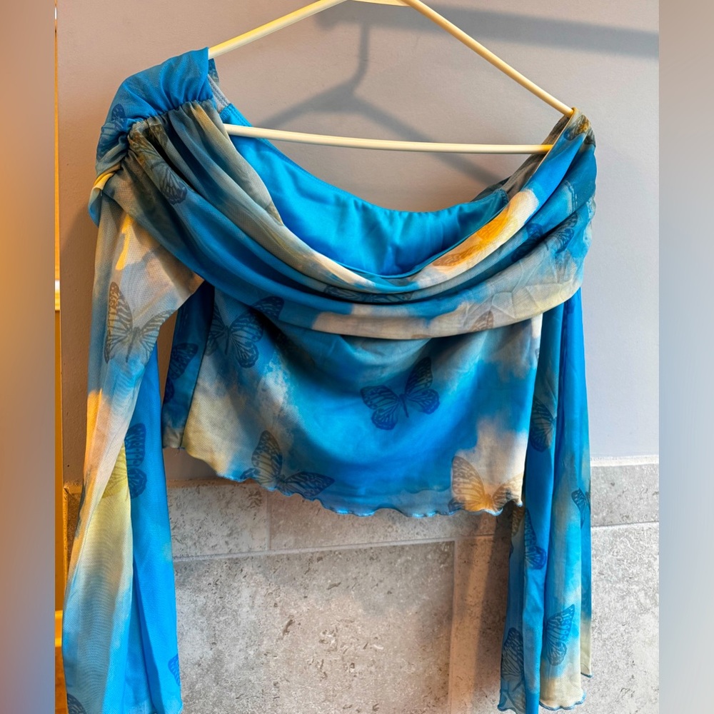 Butterfly Print Off-shoulder Top, Y2K Flare Sleeve Lettuce Trim Top.